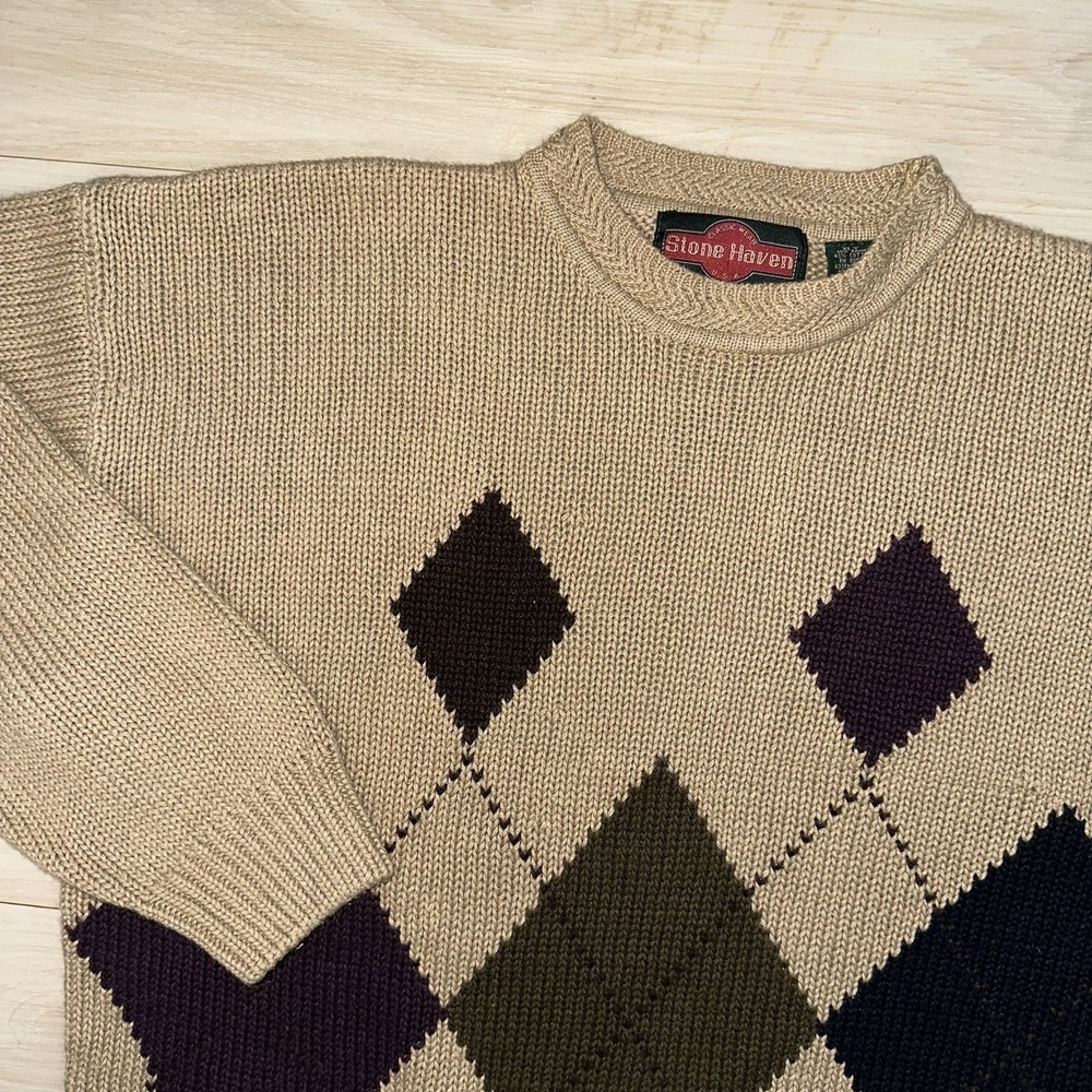 Stone Haven Mens XL Tall Sweater Fair Isle Brown Vintage 90s Chunky Knit